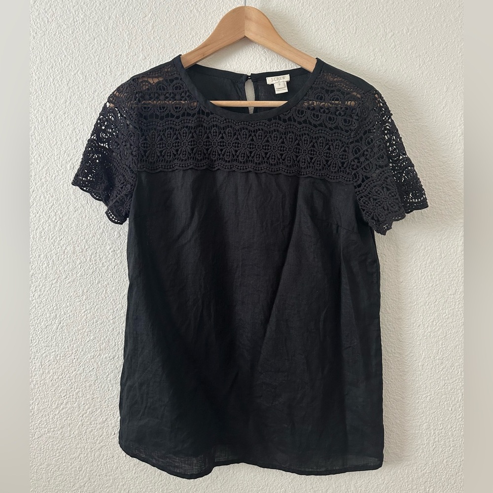 J. Crew Factory Black Linen & Lace T-Shirt Size 2